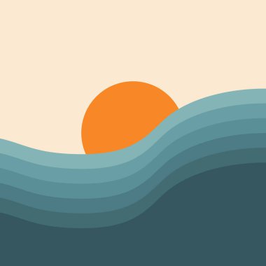 Mavi deniz dalgaları ve gün batımında güneş süslemeleri ile soyut deniz manzarası çizimi