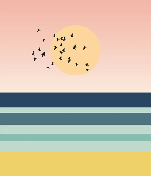 Abstrakte Geometrische Illustration Mit Sonnenuntergang Meer Mit Einer Schar Von Stockbild