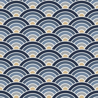 Japon dikişsiz Seigaiha dalgalarının mavi, bej ve beyaz tonlarında soyut çizimi