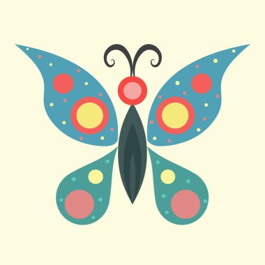 Puantiyeli renkli kelebek, pastel arka planda soyut çizimler yapıyor.