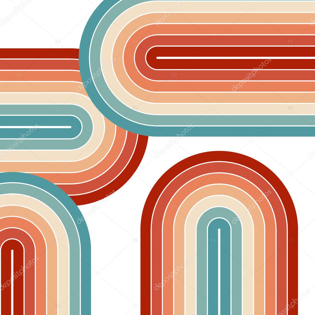 Retro style illustration with colorful (red, blue, orange, beige, turquoise) arches decoration on white background