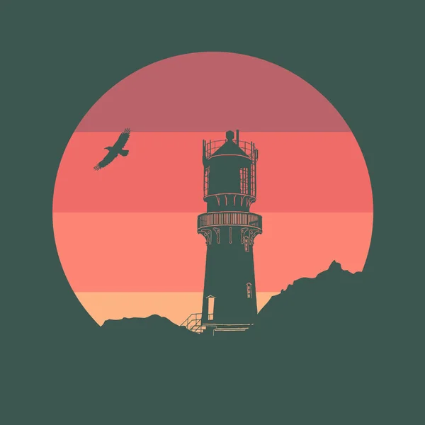 Geometrical Illustration Lighthouse Sunrise Colorful Sun Decoration Dark Background — Stock Photo, Image