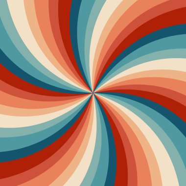 Retro stili dalgalı güneş ışınları geometrik desen çizimi kırmızı, turuncu, mavi ve turkuaz çizgili