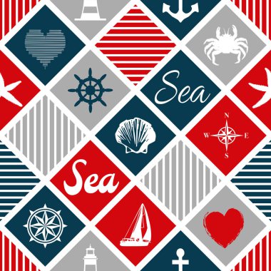 Deniz kabuğu, deniz feneri, çapa, pusula, yelken teknesi, yelken çarkı, deniz yıldızı, çizgiler, kalp ve metin tasarım dekorasyonu kırmızı, mavi ve gri eşkenli eşkenli.