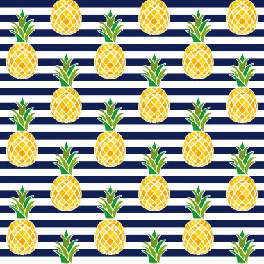 Seamless pattern with pineapple decoration on navy blue and white striped background