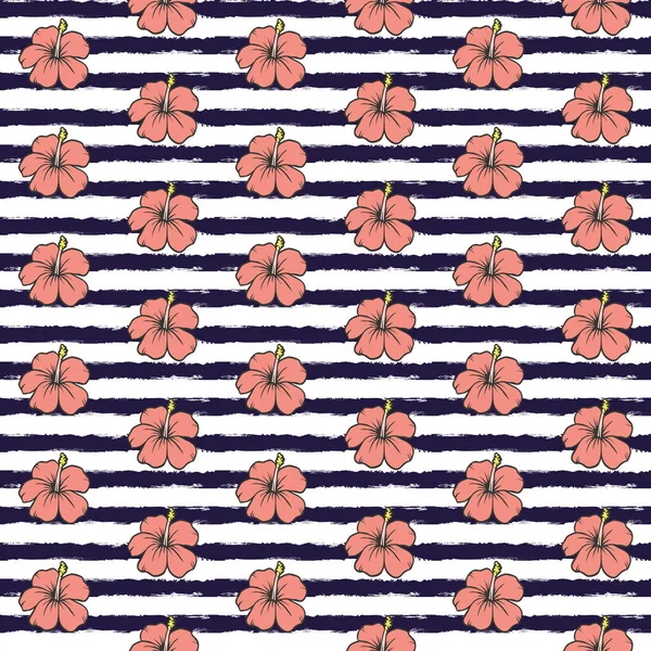 Seamless Pattern Beautiful Pink Hibiscus Decoration Navy Blue White Striped — ストック写真