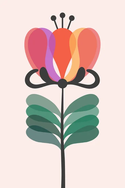 Retro Style Illustration Colorful Flower Green Leaves Pink Background — Stockfoto