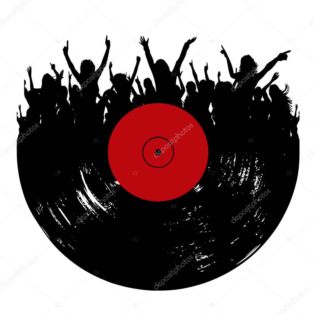 Retro style illustration with vinyl record and dancing people crowd decoration on white background