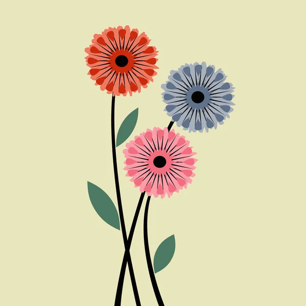 Ilustración Estilo Retro Flores Colores Con Hojas Verdes Sobre Fondo — Foto de Stock