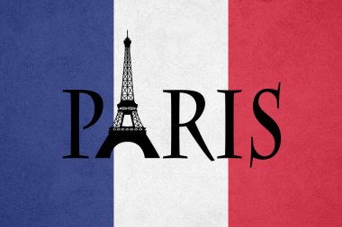 Paris text design illustration with Eiffel Tower decoration on grunge French flag background