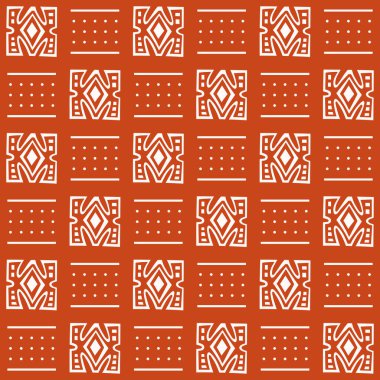 Basit geometrik şekilli kusursuz Afrika çamur bezi deseni (noktalar, çizgiler) ve turuncu arka planda beyaz kabile dekorasyonu