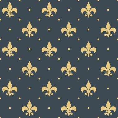 Fleur De Lis ve eşkenar dörtgen şekilli noktalar koyu mavi arkaplandaki altın rengi ile kusursuz bir desen.