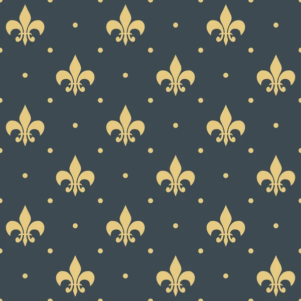 Fleur De Lis ve eşkenar dörtgen şekilli noktalar koyu mavi arkaplandaki altın rengi ile kusursuz bir desen.