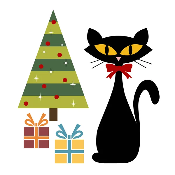 Bunte Abstrakte Illustration Mid Century Stil Mit Schwarzer Katze Weihnachtsbaum — Stockfoto