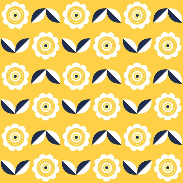 黄色の花と黄色の背景に青の葉の装飾とシームレスレトロスタイルのパターン — ストック写真