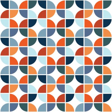 Seamless pattern with colorful (orange, red, blue, navy blue, light blue, turquoise) geometric shapes decoration on white background clipart