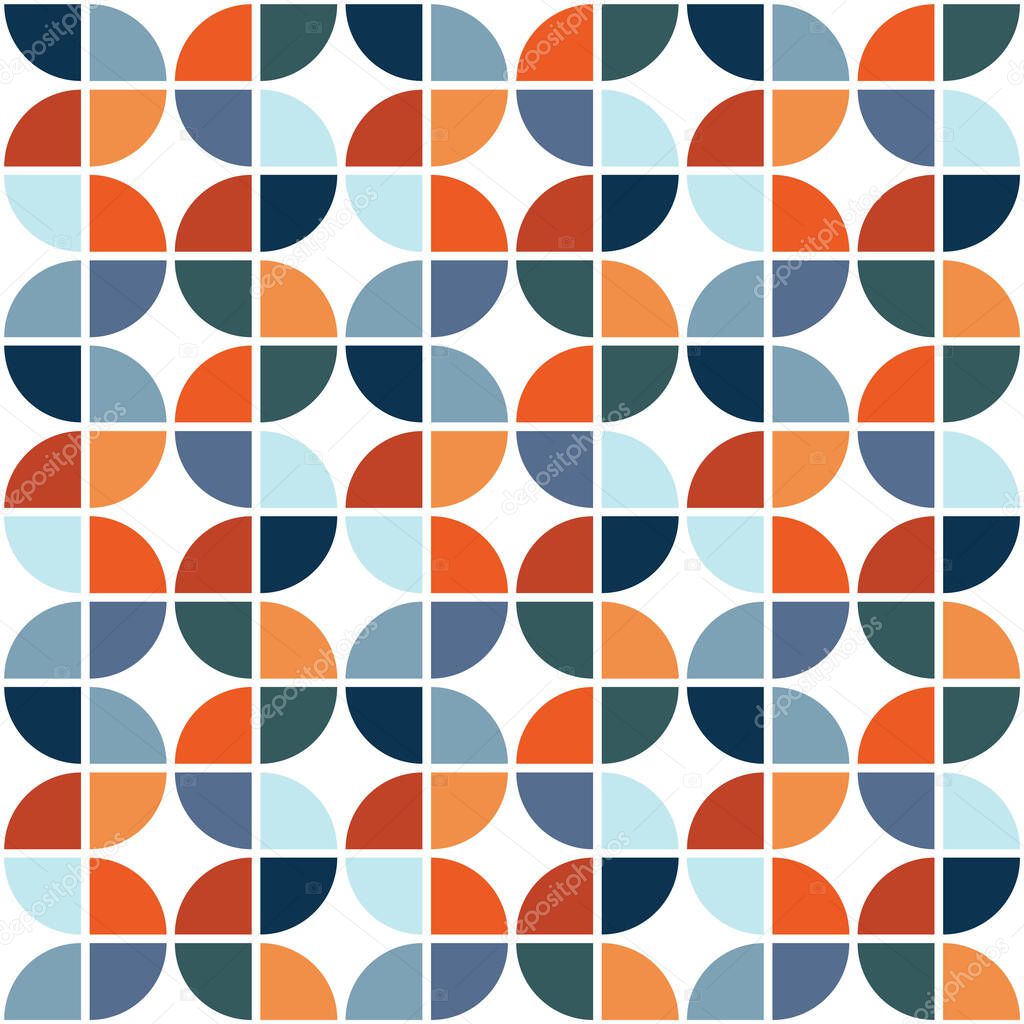 Seamless pattern with colorful (orange, red, blue, navy blue, light blue, turquoise) geometric shapes decoration on white background