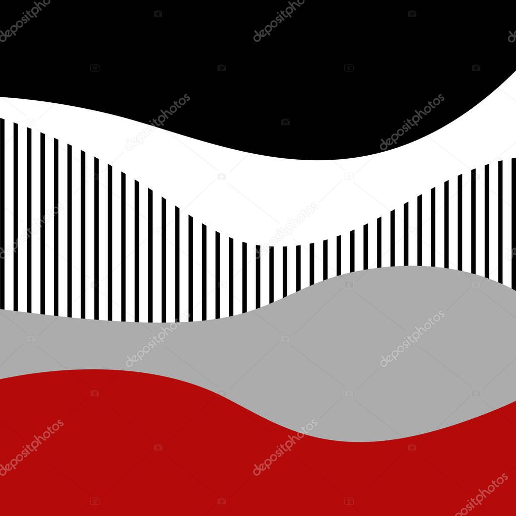 Abstract Nordic style illustration of colorful (red, grey, black and white) waves and stripes decoration