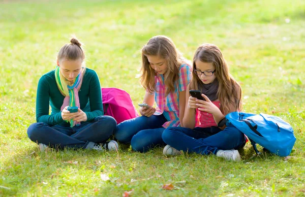 Teen girls on grass, using their mobile phones — Stock Photo, Image