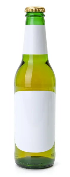 Green beer bottle with white blank labels — Stock Photo, Image