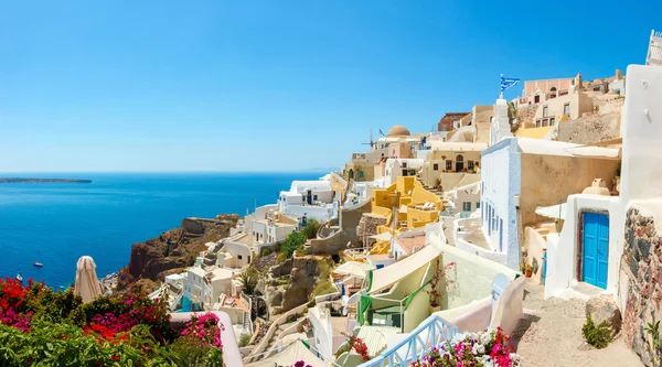 Panorama w miejscowości Oia Santorini Wyspy — Zdjęcie stockowe