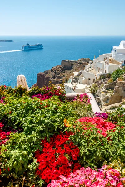 Fleurs, bâtiments et bateaux de croisière à Oia, Santorin — Photo