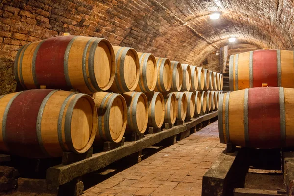 Barricas de roble en bodega subterránea —  Fotos de Stock