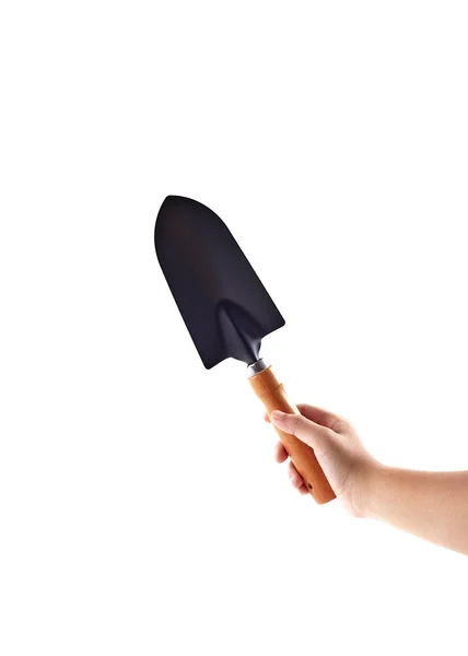 Kid Holding Tool Shovel Voor Tuinieren Geïsoleerd Witte Achtergrond — Stockfoto