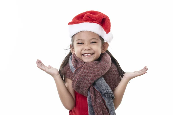 Petite Fille Asiatique Portant Chapeau Père Noël Main Ouverte Sur — Photo