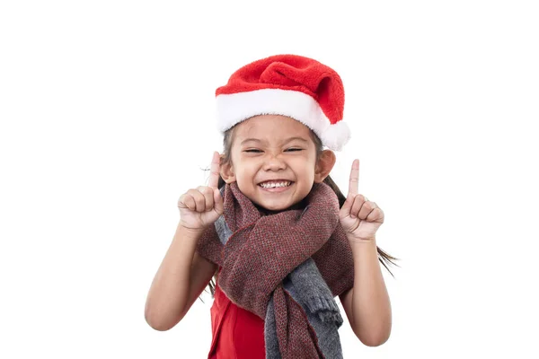 Une Jolie Petite Fille Asiatique Portant Chapeau Père Noël Pointant — Photo