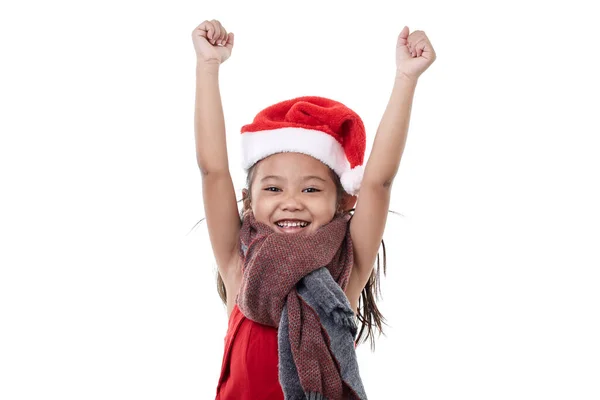 Une Mignonne Petite Fille Asiatique Portant Chapeau Père Noël Lève — Photo