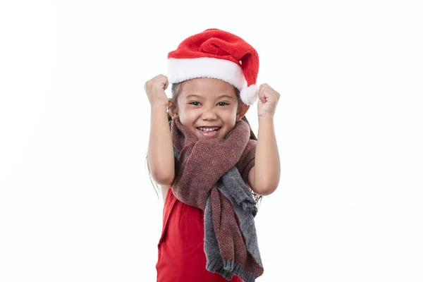 Une Mignonne Petite Fille Asiatique Portant Chapeau Père Noël Lève — Photo