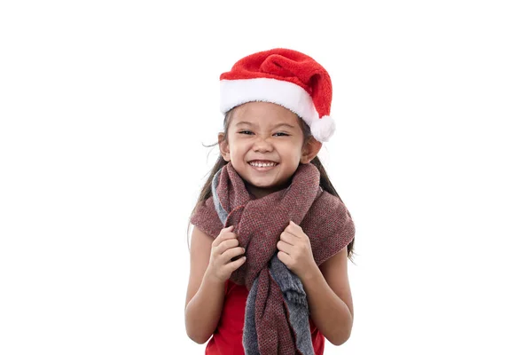 Une Mignonne Petite Fille Asiatique Portant Chapeau Père Noël Lève — Photo