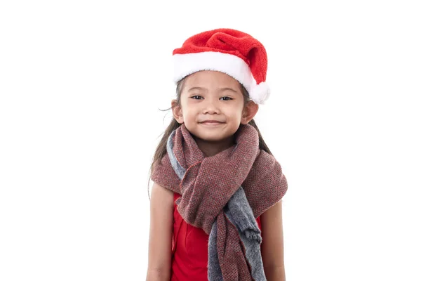 Een Schattig Klein Aziatisch Meisje Het Dragen Van Een Kerstman — Stockfoto