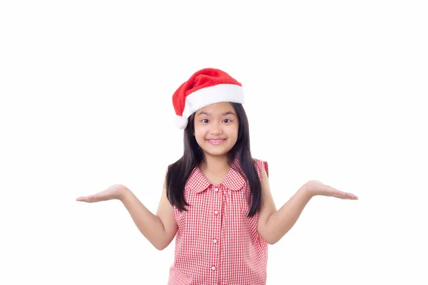 Porträtt Glad Liten Asiatisk Flicka Bär Santa Hatt Öppna Två — Stockfoto