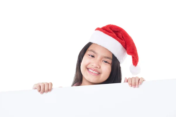 Портрет Щасливої Маленької Дівчинки Капелюсі Санта Позує Білою Панеллю Ізольовано — стокове фото