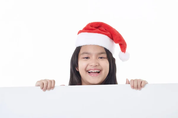 Portret Van Een Gelukkig Meisje Met Een Kerstmuts Achter Een — Stockfoto