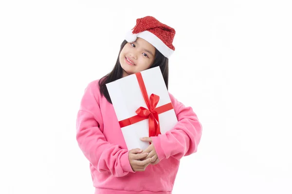 Cheered Heureuse Fille Asiatique Noël Portant Chapeau Santa Étreignant Boîte — Photo