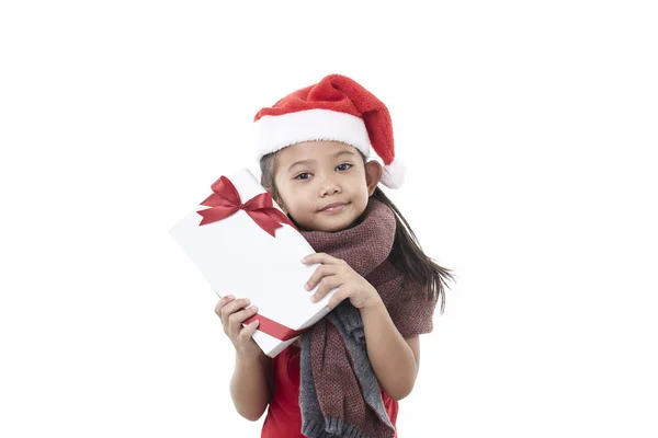 Asiatique Enfant Tenant Boîte Cadeau Noël Main Isolé Sur Fond — Photo