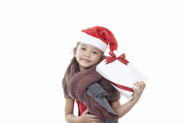 Asiatique Enfant Tenant Boîte Cadeau Noël Main Isolé Sur Fond — Photo