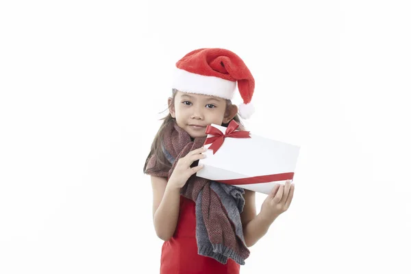 Asiatique Enfant Tenant Boîte Cadeau Noël Main Isolé Sur Fond — Photo