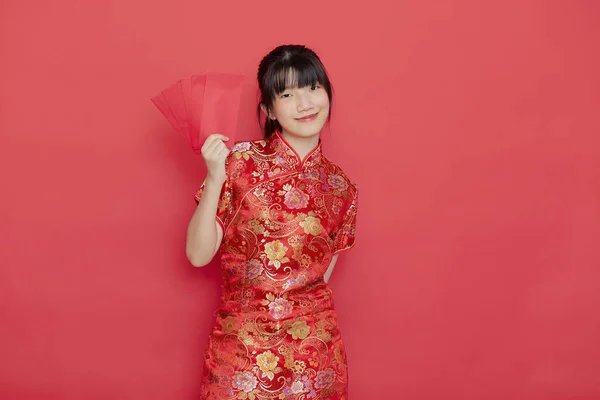 Porträt Schöne Junge Asiatische Nette Frau Tragen Chinesisches Kleid Mit — Stockfoto