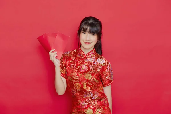 Porträt Schöne Junge Asiatische Nette Frau Tragen Chinesisches Kleid Mit — Stockfoto