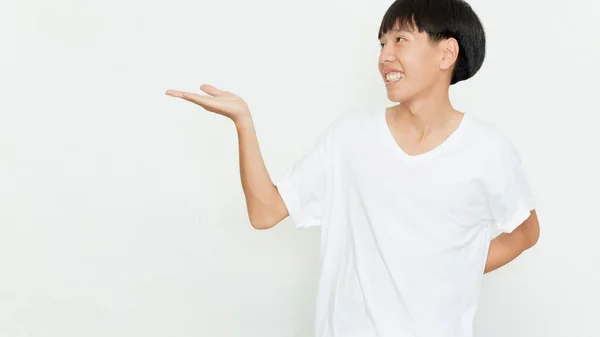 Portrait Attractive Young Asian Man Casual White Shirt Doing Open — Stock Photo, Image