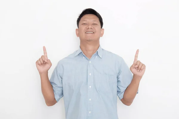 Asian Man Smiling His Finger Pointing White — Stock Photo, Image