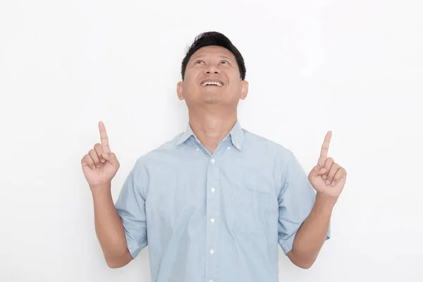 Asian Man Smiling His Finger Pointing White — Stock Photo, Image