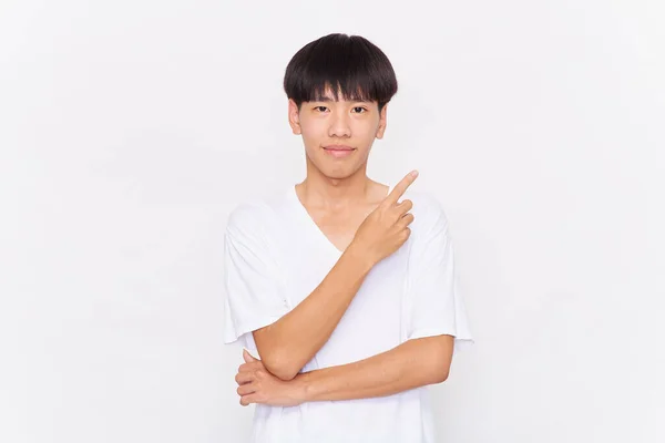 Portrait Young Asian Man Hand Point Empty Space Isolated White — Stock Photo, Image