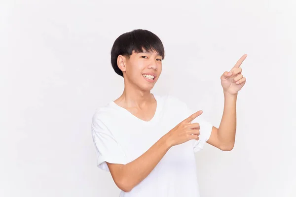 Portrait Young Asian Man Hand Point Empty Space Isolated White — Stock Photo, Image