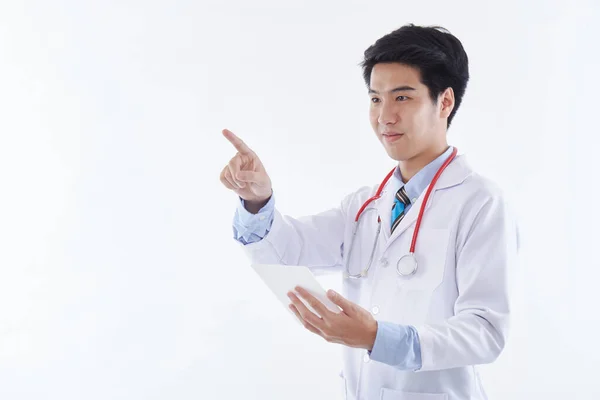 Friendly Asian Male Doctor White Coat Red Stethoscope Using Tablet — Stock Photo, Image