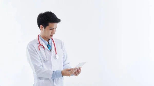 Friendly Asian Male Doctor White Coat Red Stethoscope Using Tablet — Stock Photo, Image